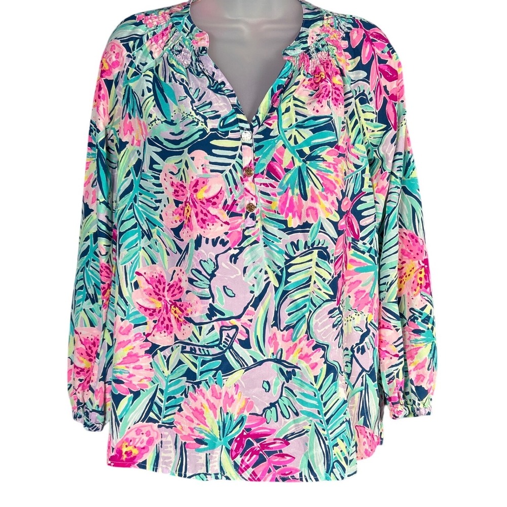 Lilly Pulitzer Silk Blouse Sz XS Pink Teal Floral Smocked Split Neck Top Preppy